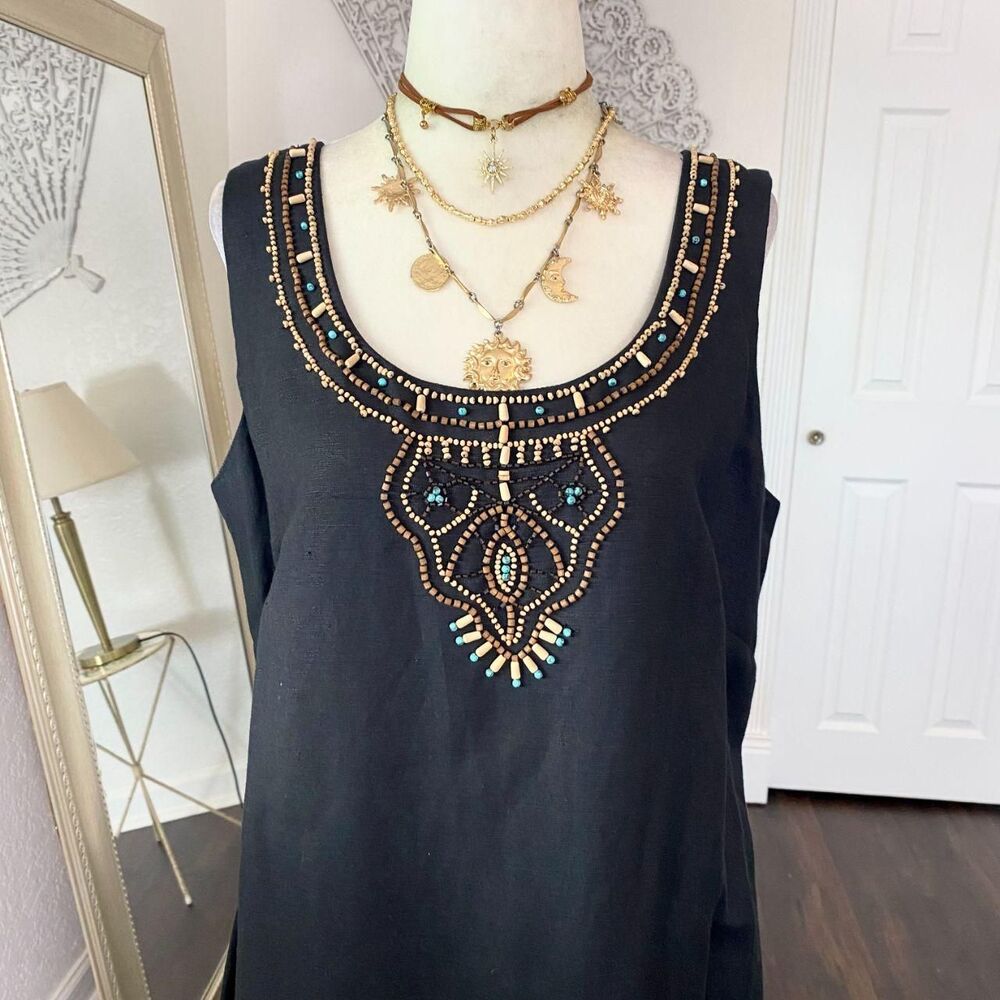 Jessica Howard Bohemian Native Inspired Beaded Linen Rayon Midi Dress 12 / L - Picture 3 of 6